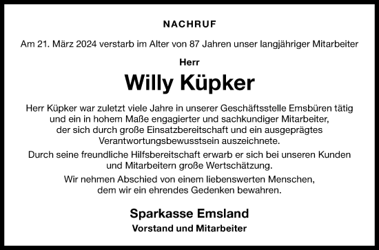 Traueranzeige von Willy Küpker von Neue Osnabrücker Zeitung GmbH & Co. KG