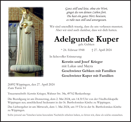 Traueranzeige von Adelgunde Kuper von Neue Osnabrücker Zeitung GmbH &amp; Co. KG