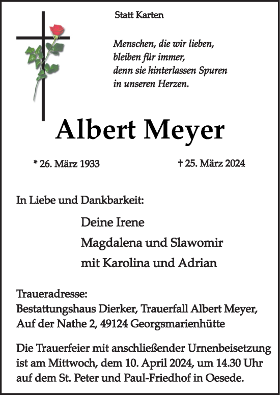 Traueranzeigen Von Albert Meyer Noz Trauerportal