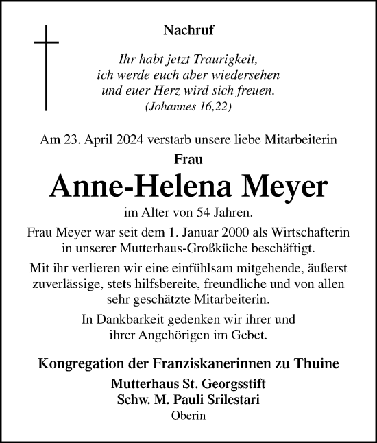 Traueranzeige von Anne-Helena Meyer von Neue Osnabrücker Zeitung GmbH & Co. KG
