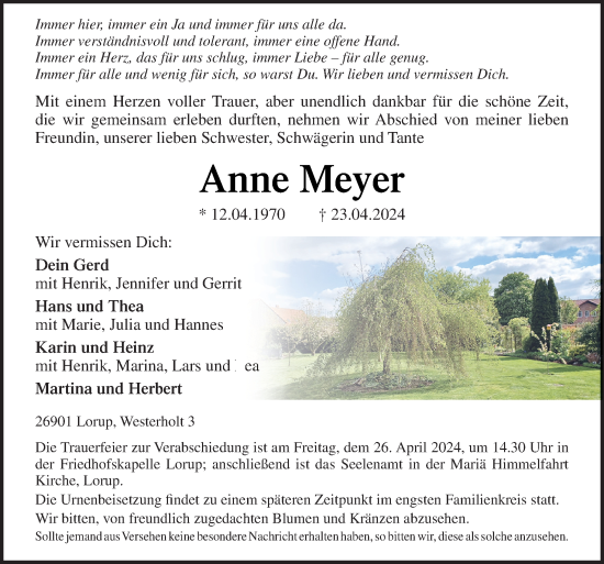 Traueranzeige von Anne Meyer von Neue Osnabrücker Zeitung GmbH & Co. KG