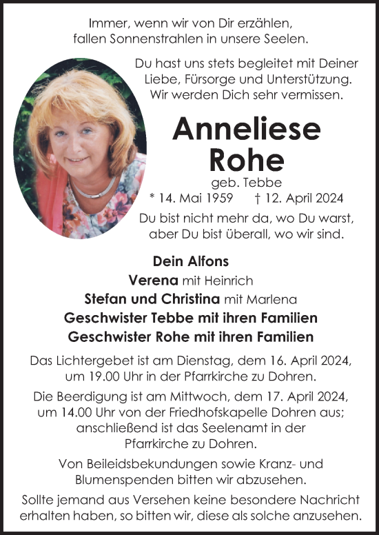 Traueranzeige von Anneliese Rohe von Neue Osnabrücker Zeitung GmbH & Co. KG