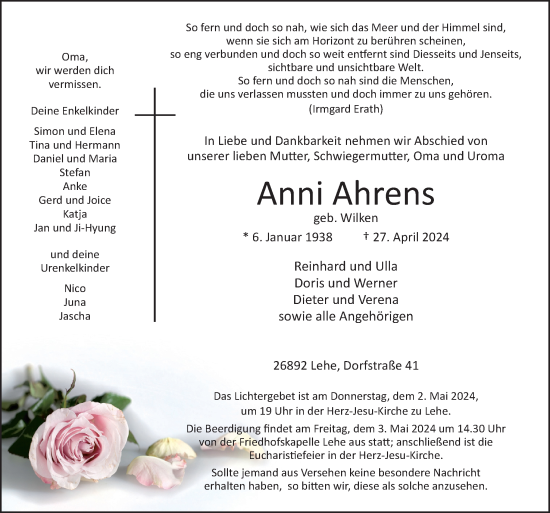 Traueranzeige von Anni Ahrens von Neue Osnabrücker Zeitung GmbH &amp; Co. KG
