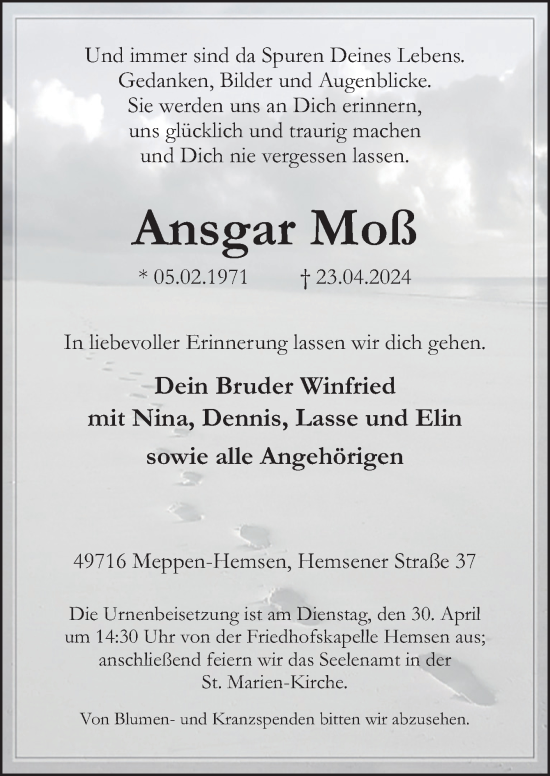 Traueranzeige von Ansgar Moß von Neue Osnabrücker Zeitung GmbH & Co. KG