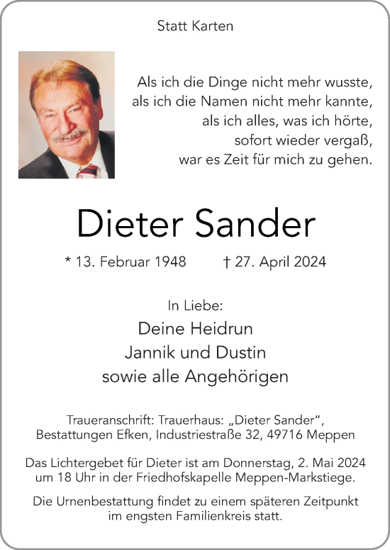 Traueranzeige von Dieter Sander von Neue Osnabrücker Zeitung GmbH & Co. KG