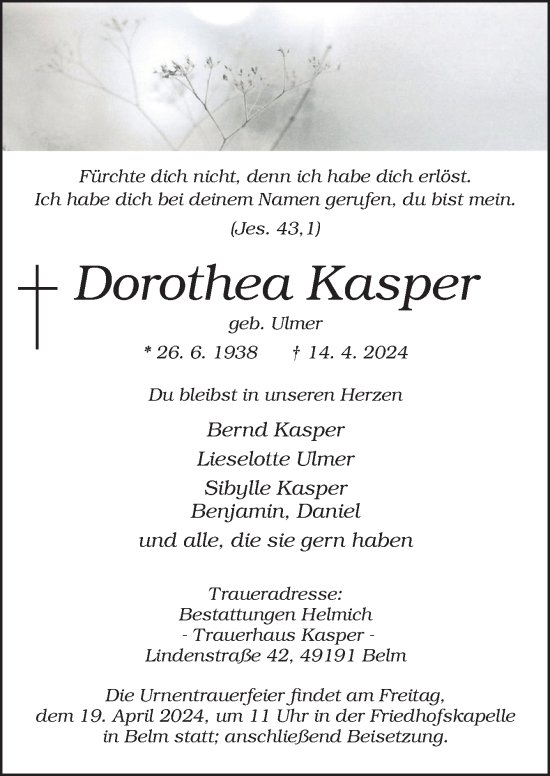 Traueranzeige von Dorothea Kasper von Neue Osnabrücker Zeitung GmbH & Co. KG