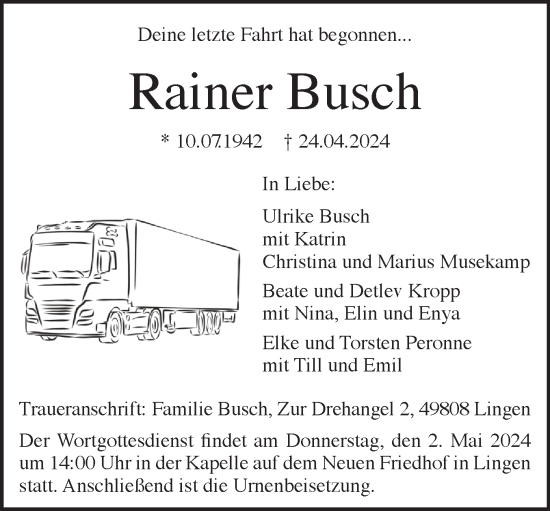 Traueranzeige von Rainer Busch von Neue Osnabrücker Zeitung GmbH & Co. KG