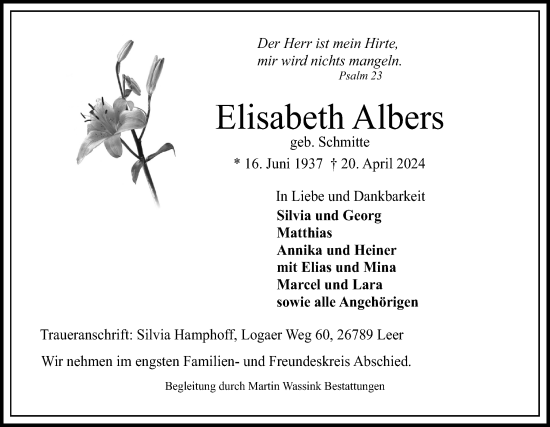Traueranzeige von Elisabeth Albers von Neue Osnabrücker Zeitung GmbH & Co. KG