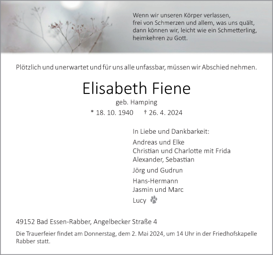 Traueranzeige von Elisabeth Fiene von Neue Osnabrücker Zeitung GmbH & Co. KG