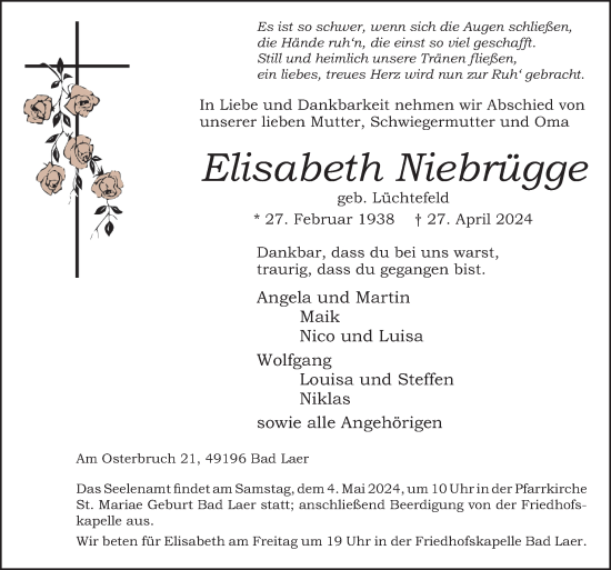 Traueranzeige von Elisabeth Niebrügge von Neue Osnabrücker Zeitung GmbH & Co. KG