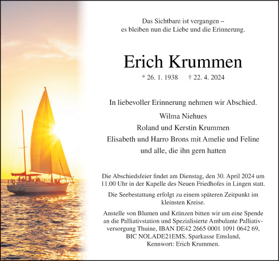 Traueranzeige von Erich Krummen von Neue Osnabrücker Zeitung GmbH & Co. KG