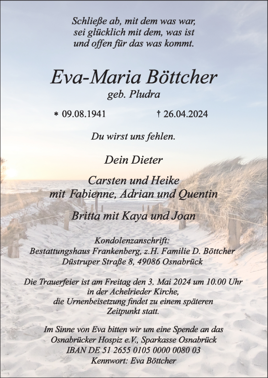 Traueranzeige von Eva-Maria Böttcher von Neue Osnabrücker Zeitung GmbH & Co. KG