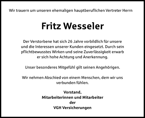 Traueranzeige von Fritz Wesseler von Neue Osnabrücker Zeitung GmbH & Co. KG