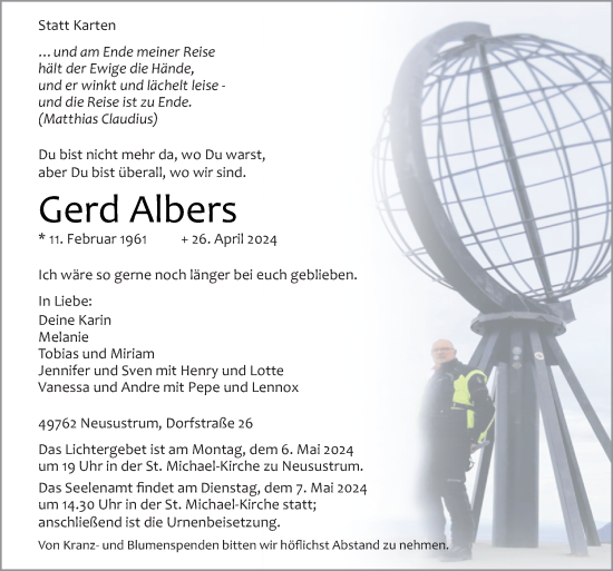 Traueranzeige von Gerd Albers von Neue Osnabrücker Zeitung GmbH & Co. KG