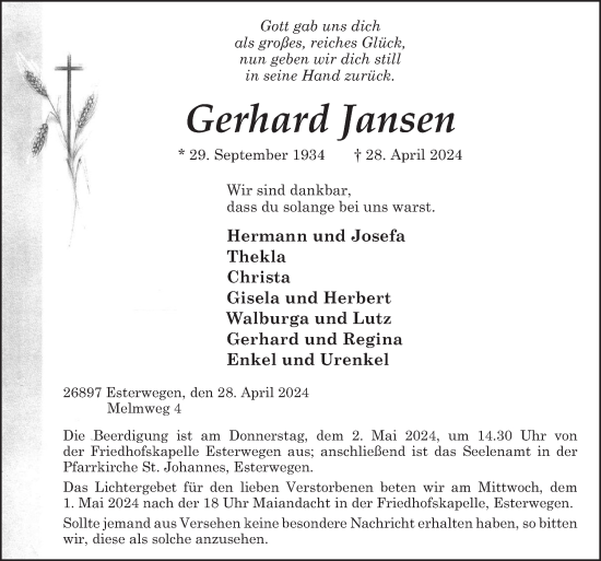 Traueranzeige von Gerhard Jansen von Neue Osnabrücker Zeitung GmbH &amp; Co. KG