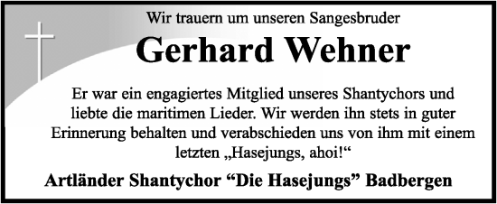 Traueranzeige von Gerhard Wehner von Neue Osnabrücker Zeitung GmbH & Co. KG