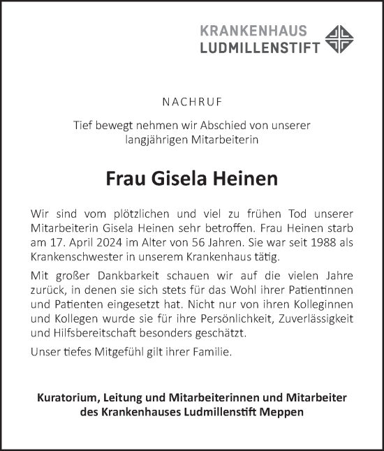 Traueranzeige von Gisela Heinen von Neue Osnabrücker Zeitung GmbH & Co. KG