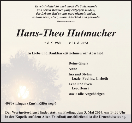 Traueranzeige von Hans-Theo Hutmacher von Neue Osnabrücker Zeitung GmbH & Co. KG