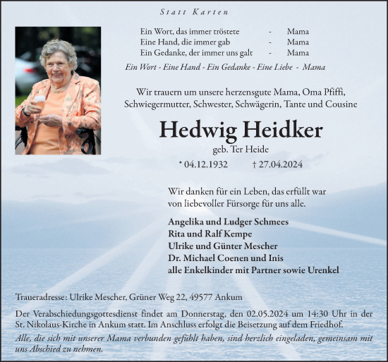 Traueranzeige von Hedwig Heidker von Neue Osnabrücker Zeitung GmbH & Co. KG