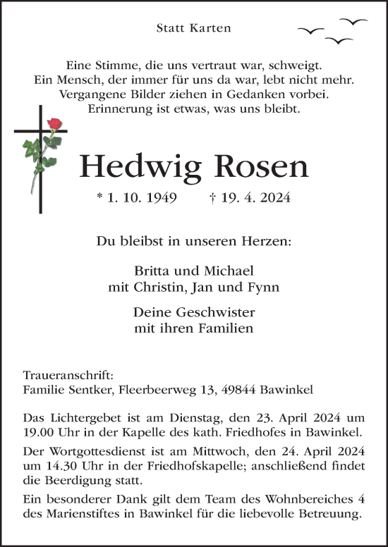 Traueranzeige von Hedwig Rosen von Neue Osnabrücker Zeitung GmbH & Co. KG