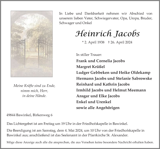 Traueranzeige von Heinrich Jacobs von Neue Osnabrücker Zeitung GmbH & Co. KG