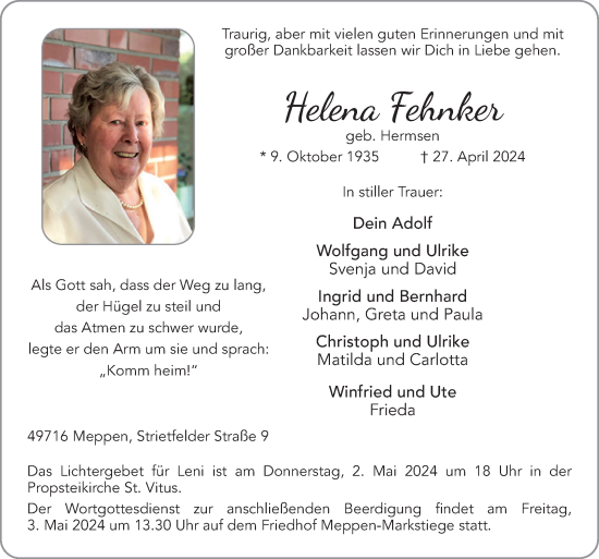 Traueranzeige von Helena Fehnker von Neue Osnabrücker Zeitung GmbH & Co. KG