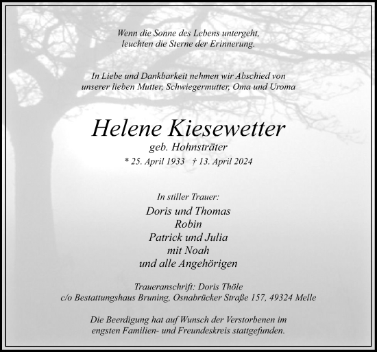 Traueranzeige von Helene Kiesewetter von Neue Osnabrücker Zeitung GmbH & Co. KG