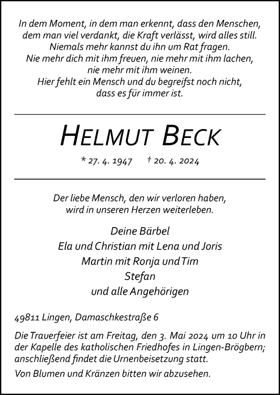 Traueranzeige von Helmut Beck von Neue Osnabrücker Zeitung GmbH & Co. KG