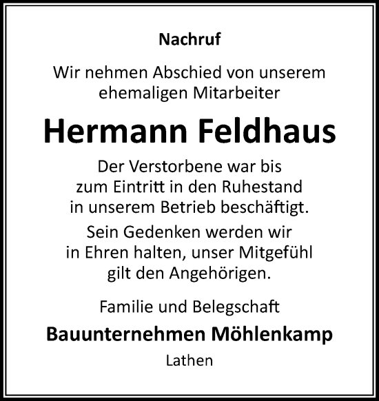 Traueranzeige von Hermann Feldhaus von Neue Osnabrücker Zeitung GmbH & Co. KG