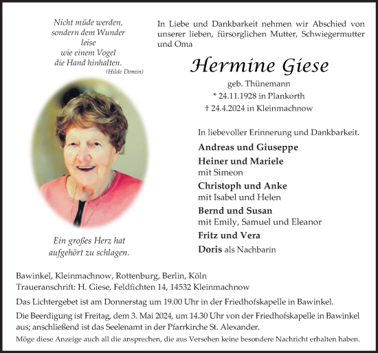 Traueranzeige von Hermine Giese von Neue Osnabrücker Zeitung GmbH & Co. KG