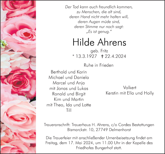 Traueranzeige von Hilde Ahrens von DK Medien GmbH & Co. KG