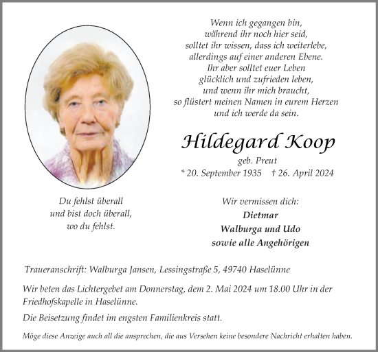 Traueranzeige von Hildegard Koop von Neue Osnabrücker Zeitung GmbH & Co. KG