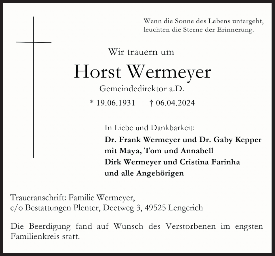 Traueranzeige von Horst Wermeyer von Neue Osnabrücker Zeitung GmbH & Co. KG