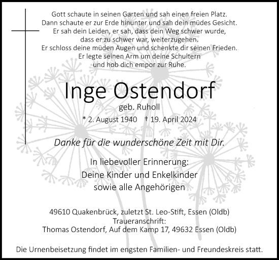 Traueranzeige von Inge OStendorf von Neue Osnabrücker Zeitung GmbH & Co. KG