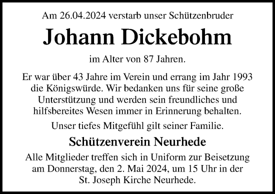 Traueranzeige von Johann Dickebohm von Neue Osnabrücker Zeitung GmbH & Co. KG