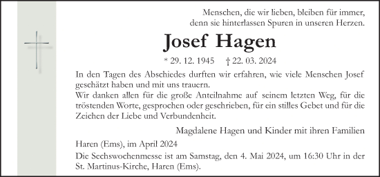 Traueranzeige von Josef Hagen von Neue Osnabrücker Zeitung GmbH & Co. KG