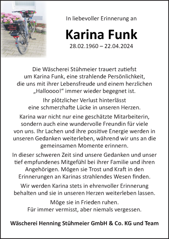 Traueranzeige von Karina Funk von Neue Osnabrücker Zeitung GmbH & Co. KG