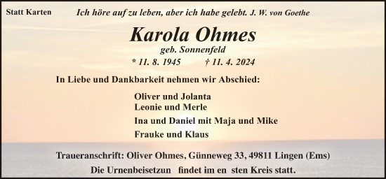 Traueranzeige von Karola Ohmes von Neue Osnabrücker Zeitung GmbH & Co. KG