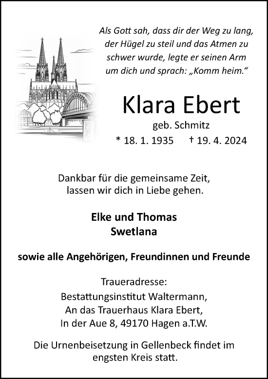 Traueranzeige von Klara Ebert von Neue Osnabrücker Zeitung GmbH & Co. KG
