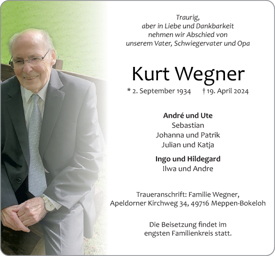 Traueranzeige von Kurt Wegner von Neue Osnabrücker Zeitung GmbH & Co. KG