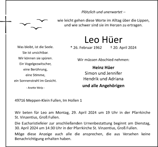 Traueranzeige von Leo Hüer von Neue Osnabrücker Zeitung GmbH & Co. KG