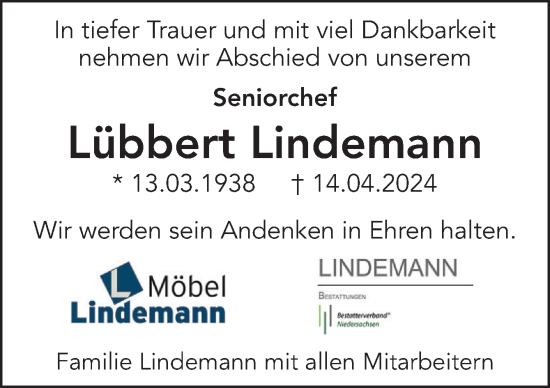 Traueranzeige von Lübbert Lindemann von Neue Osnabrücker Zeitung GmbH & Co. KG