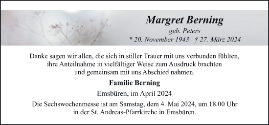 Traueranzeige von Margret Berning von Neue Osnabrücker Zeitung GmbH & Co. KG