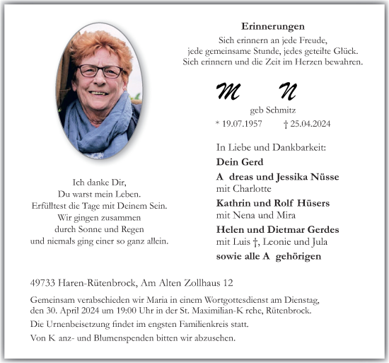 Traueranzeige von Maria Nüsse von Neue Osnabrücker Zeitung GmbH &amp; Co. KG