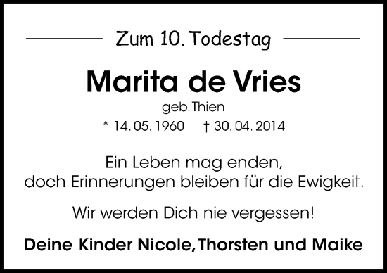 Traueranzeige von Marita de Vries von Neue Osnabrücker Zeitung GmbH & Co. KG