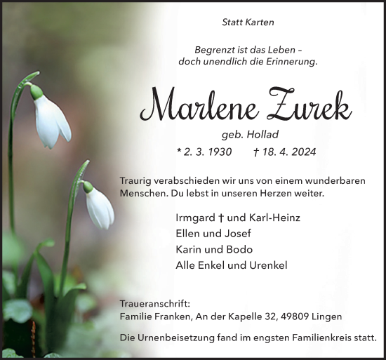 Traueranzeige von Marlene Zurek von Neue Osnabrücker Zeitung GmbH & Co. KG