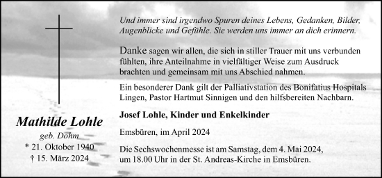 Traueranzeige von Mathilde Lohle von Neue Osnabrücker Zeitung GmbH & Co. KG