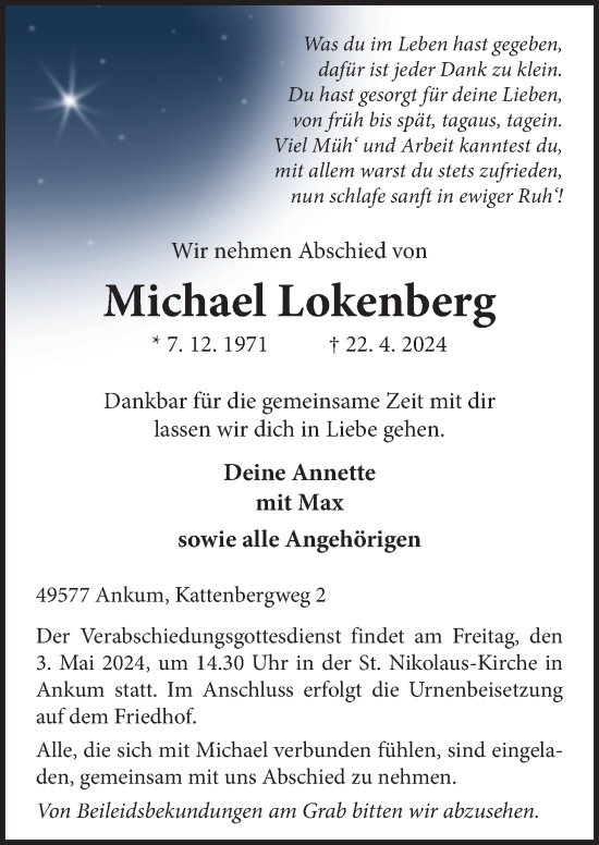 Traueranzeige von Michael Lokenberg von Neue Osnabrücker Zeitung GmbH & Co. KG
