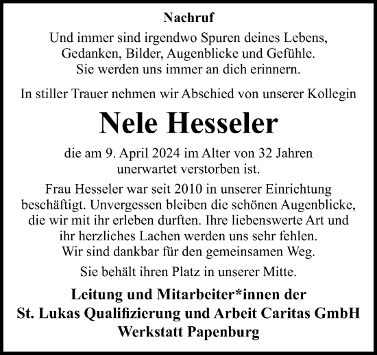 Traueranzeige von Nele Hesseler von Neue Osnabrücker Zeitung GmbH & Co. KG
