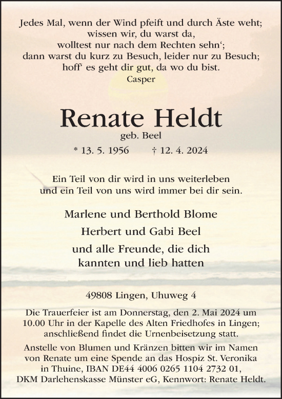 Traueranzeige von Renate Heldt von Neue Osnabrücker Zeitung GmbH & Co. KG